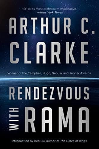 Rendezvous with Rama book cover by Arthur C. Clarke – exploration of a vast alien spacecraft